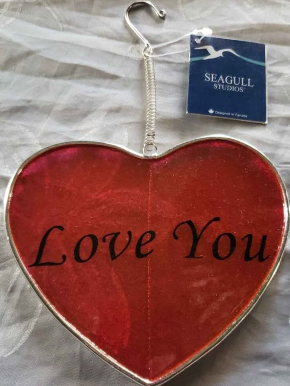 Love You Conversation Heart Glass Suncatcher Hanging Ornament NWT